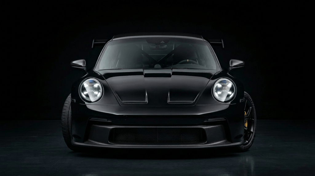 Front view of a black Porsche 911 sports car with round LED headlights and racing wing