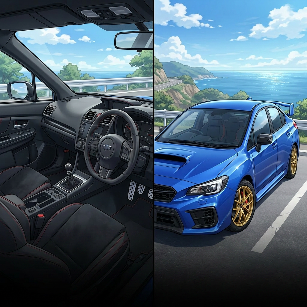Blue Subaru WRX STI parked near coastal road with ocean view